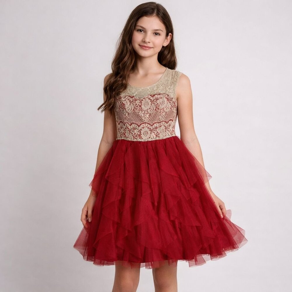 Girls Burgundy and Gold Lace Tulle Party Dress
